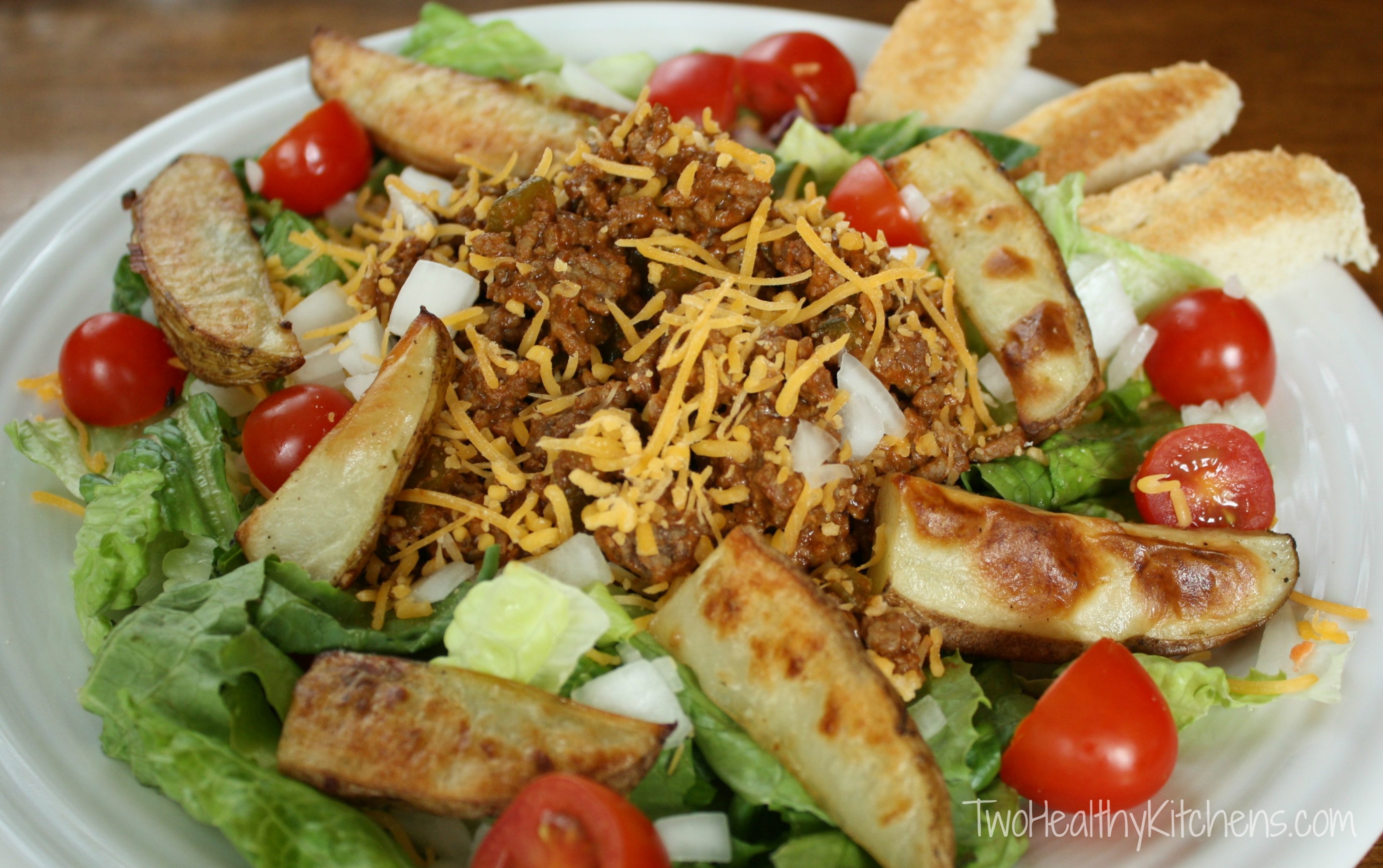 Cheeseburger Salad with Oven-Roasted Fries Recipe {www.TwoHealthyKitchens.com}