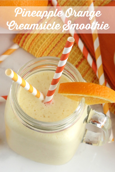 Pinnable photo of one finished smoothie with white script text of the smoothie recipe title.