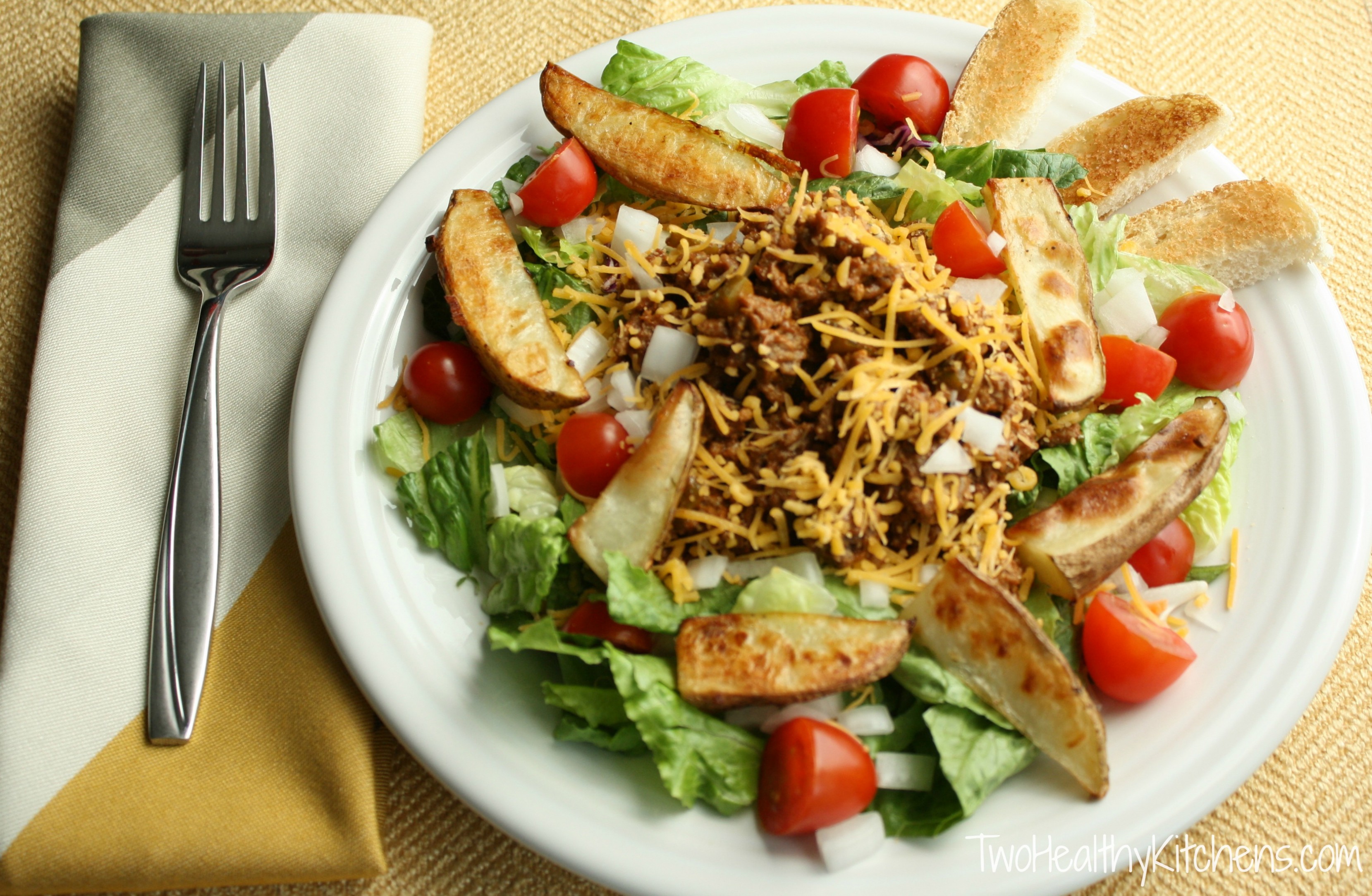 Cheeseburger Salad with Oven-Roasted Fries Recipe {www.TwoHealthyKitchens.com}