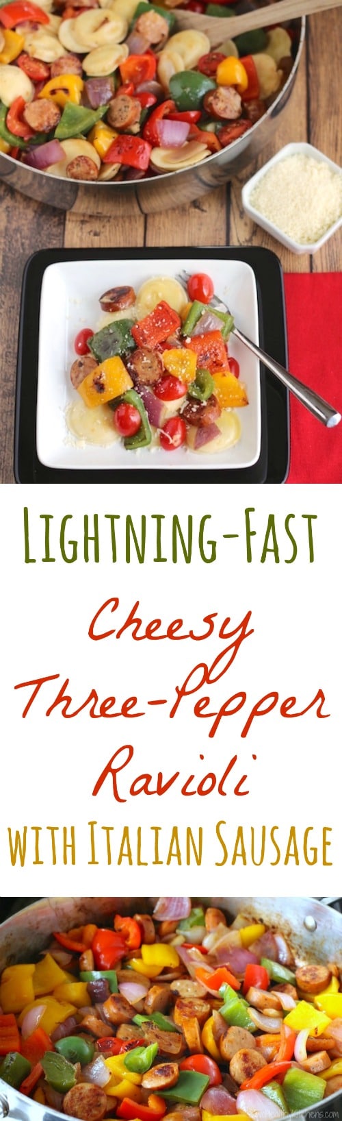 Lightning-Fast Cheesy Three-Pepper Ravioli with Italian Sausage Recipe {www.TwoHealthyKitchens.com}
