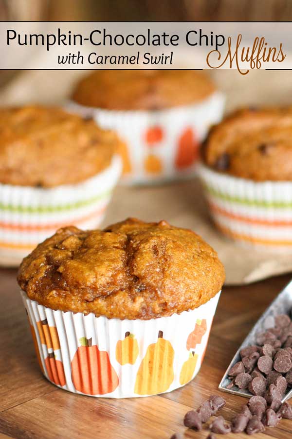 Delicious fall flavors of pumpkin and cinnamon, studded with bursts of creamy chocolate … plus an optional “caramel-y” swirl! These Healthy Pumpkin Chocolate Chip Muffins are so fantastic – everybody loves them and asks for the recipe! We even nicknamed them “Kids’ Favorite” muffins! (But trust me … adults adore them, too.) Try them today, and see for yourself! | pumpkin recipes | pumpkin muffins | muffins recipes | fall recipes | #pumpkin #pumpkinrecipes #muffins | www.TwoHealthyKitchens.com