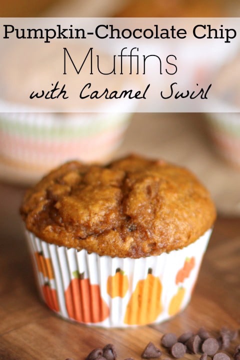 Pumpkin-Chocolate Chip Muffins with Caramel Swirl Recipe {www.TwoHealthyKitchens.com}