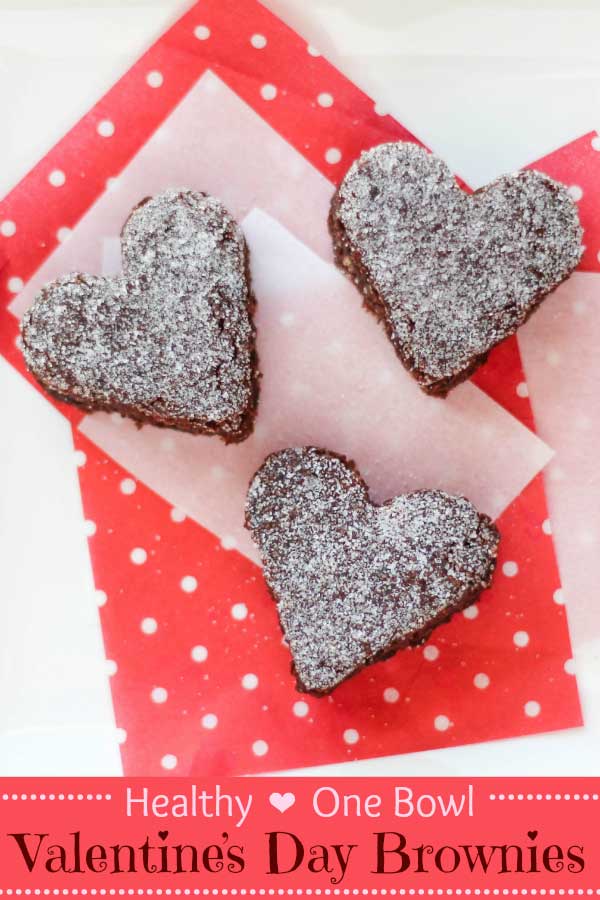 These one-bowl brownies are so quick, easy and healthy, too! A perfect Valentine's Day dessert recipe! These brownies are full of deep, dark, fudgy flavor … totally decadent! Bonus: they’re made with whole wheat and are so much healthier! Plus we’ve got great Valentine’s Day decorating tips – easy ideas that are so cute and fun! | #Valentines #brownies #Valentine #wholewheat #ValentinesDay #healthybrownies #hearts #healthyrecipes #healthydessert #healthytreats | www.TwoHealthyKitchens.com