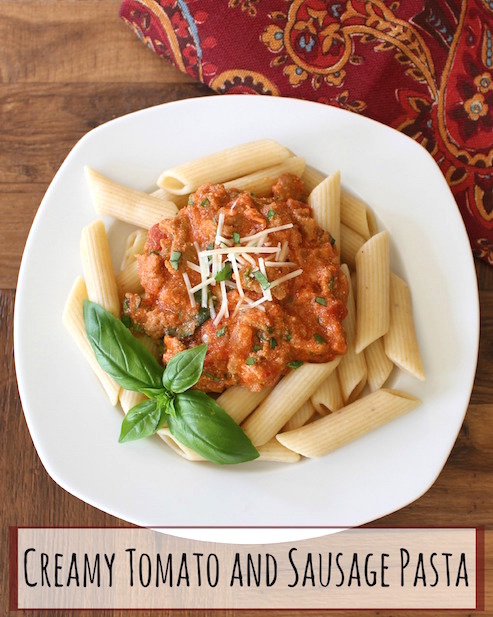 Pinnable image of a plate of this pasta, garnished with a sprig of basil, with text overlay of the recipe title.