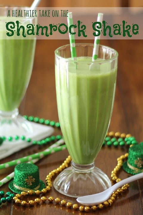 Pinnable photo of the Shamrock Shakes in tall milkshake glasses, with text overlay of the recipe name.