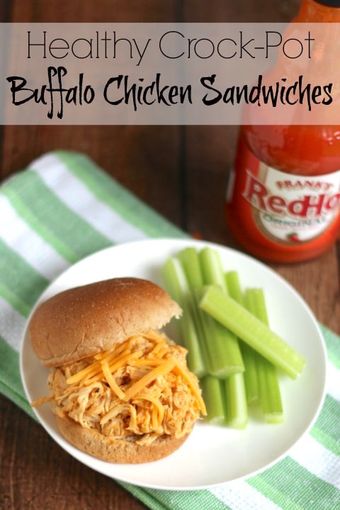 Healthy Crock-Pot Buffalo Chicken Sandwiches Recipe {www.TwoHealthyKitchens.com}