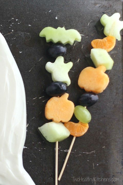 Just 3 ingredients! A quick, easy, healthy fruit dip – perfect for Halloween parties and fall snacks! It's a delicious appetizer dip AND a party decoration! | www.TwoHealthyKitchens.com