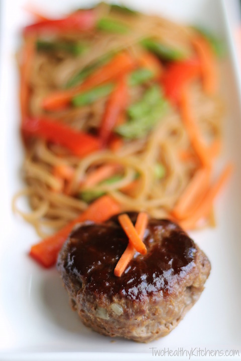Hoisin-Glazed Mini Meatloaf "Muffins" Over Asian Noodles and Vegetables Recipe {www.TwoHealthyKitchens.com}
