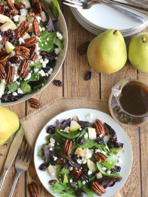 Salad with Goat Cheese, Pears, Candied Pecans and Maple-Balsamic Dressing