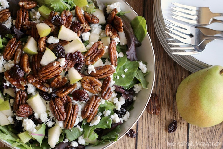 Salad with Goat Cheese, Pears, Candied Pecans and Maple-Balsamic Dressing Recipe {www.TwoHealthyKitchens.com}
