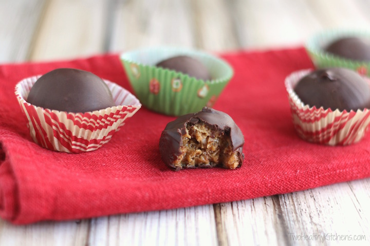 Chocolate-Covered Peanut Butter Balls ("Buckeyes") Recipe {www.TwoHealthyKitchens.com}