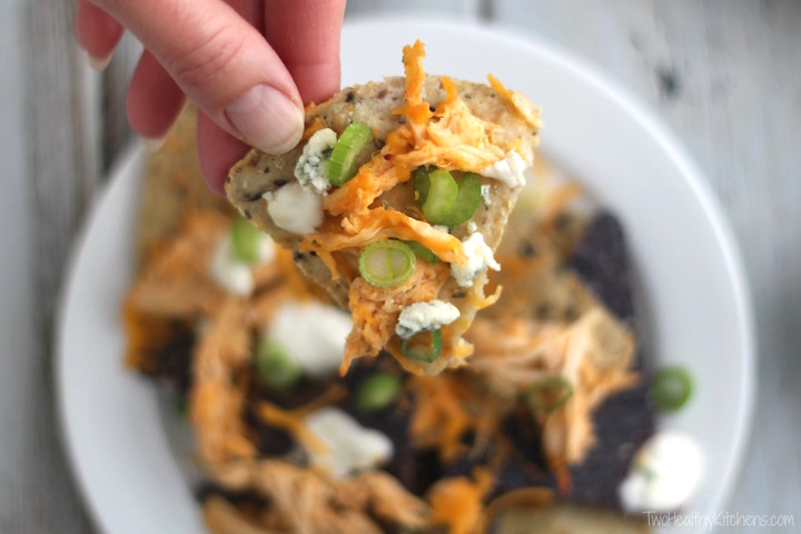 Baked Buffalo Chicken Nachos Recipe (Started in Your Crock Pot!) {www.TwoHealthyKitchens.com}