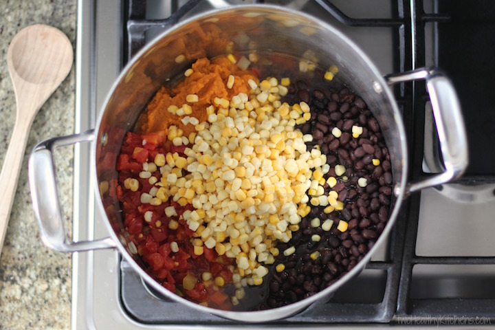 Quick Stovetop Vegetarian Chili with Red Peppers, Corn and Black Beans Recipe {www.TwoHealthyKitchens.com}