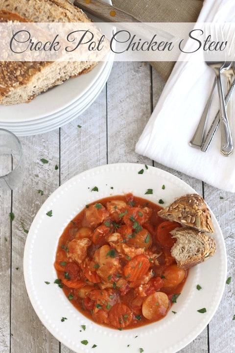Creamy Crock Pot Chicken Stew with Potatoes, Carrots and Tomatoes Recipe {www.TwoHealthyKitchens.com}