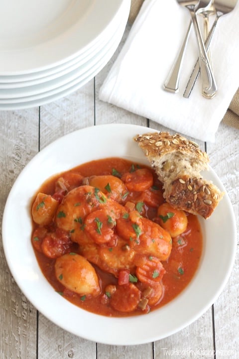 Creamy Crock Pot Chicken Stew with Potatoes, Carrots and Tomatoes Recipe {www.TwoHealthyKitchens.com}
