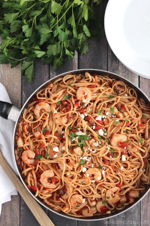 Super-Fast Herbed Mediterranean Shrimp Pasta Recipe {www.TwoHealthyKitchens.com}
