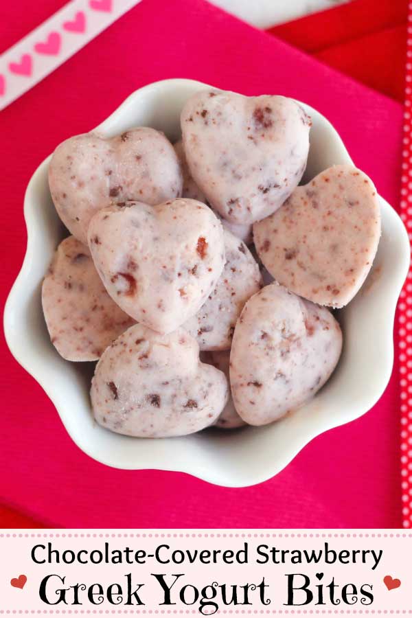 Perfect for Valentine’s day as healthy snacks or even desserts! Our easy Frozen Greek Yogurt Bites can be made with or without molds, even as mini popsicles … and in shapes appropriate for any holiday or theme! Your family will love the chocolate-covered strawberry flavor, and you’ll love how quick they are to make! Just 3 simple ingredients! #Valentines #greekyogurt #Valentine #glutenfree #ValentinesDay #hearts #kidfood #healthyrecipes #frozentreat #healthytreats | www.TwoHealthyKitchens.com