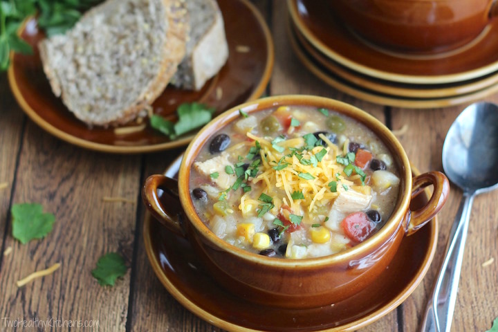 Crock Pot Southwestern Corn Chowder with Chicken and Green Chiles Recipe {www.TwoHealthyKitchens.com}