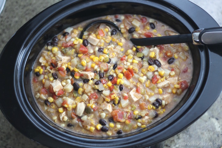 Crock Pot Southwestern Corn Chowder with Chicken and Green Chiles Recipe {www.TwoHealthyKitchens.com}