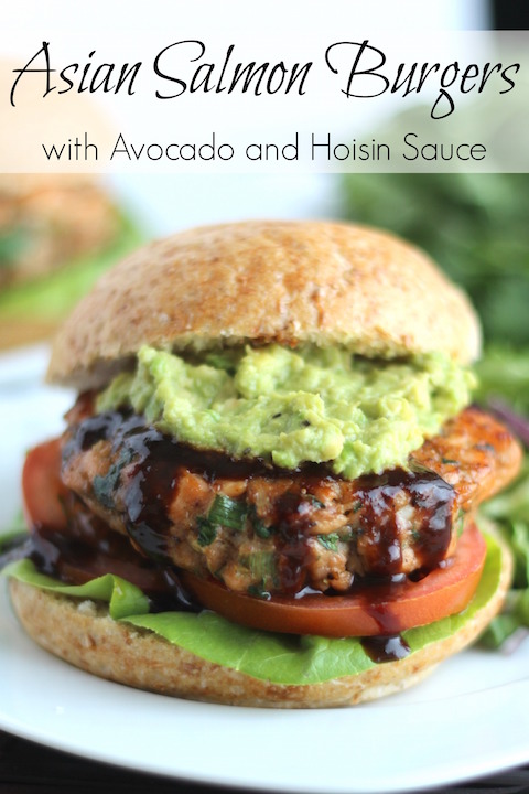 Asian Salmon Burgers with Avocado and Hoisin Sauce Recipe (Gluten-Free Option, Too!) {www.TwoHealthyKitchens.com}