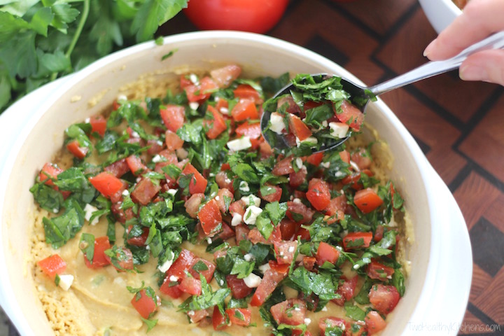 Baked Hummus Dip with Easy Tabouli Topping Recipe {www.TwoHealthyKitchens.com}