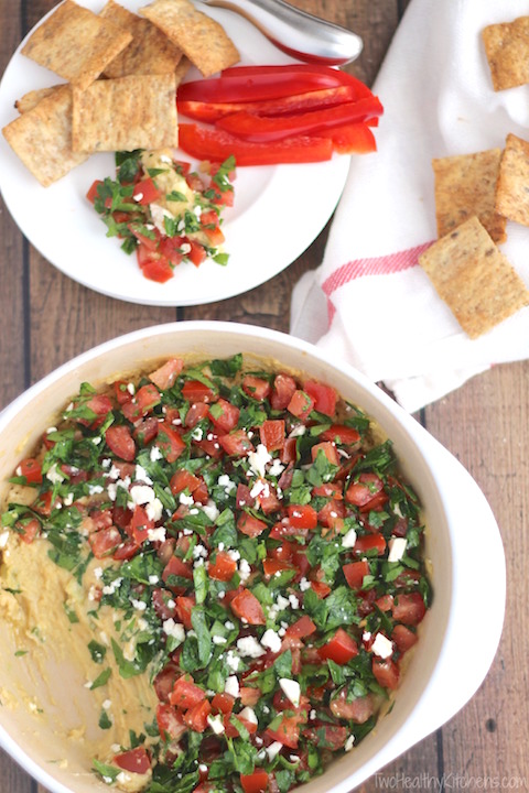 Baked Hummus Dip with Easy Tabouli Topping Recipe {www.TwoHealthyKitchens.com}