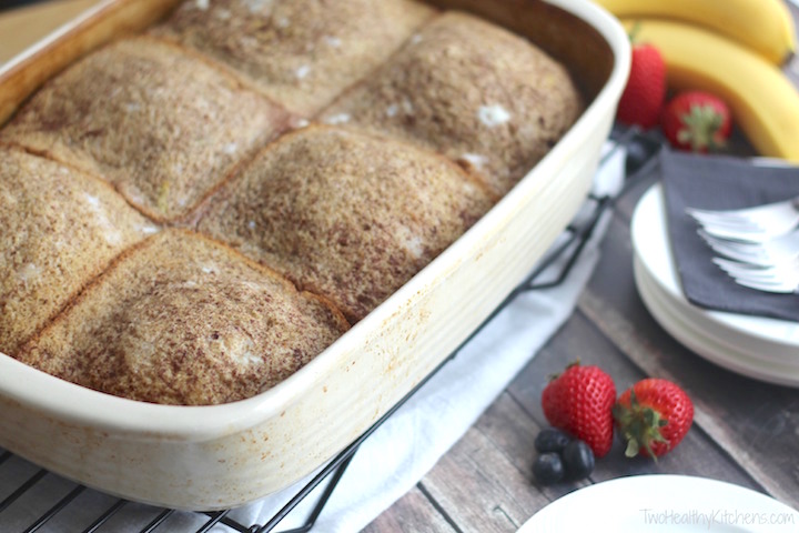 Stuffed French Toast Breakfast Casserole with Strawberries and Cream Topping Recipe {www.TwoHealthyKitchens.com}