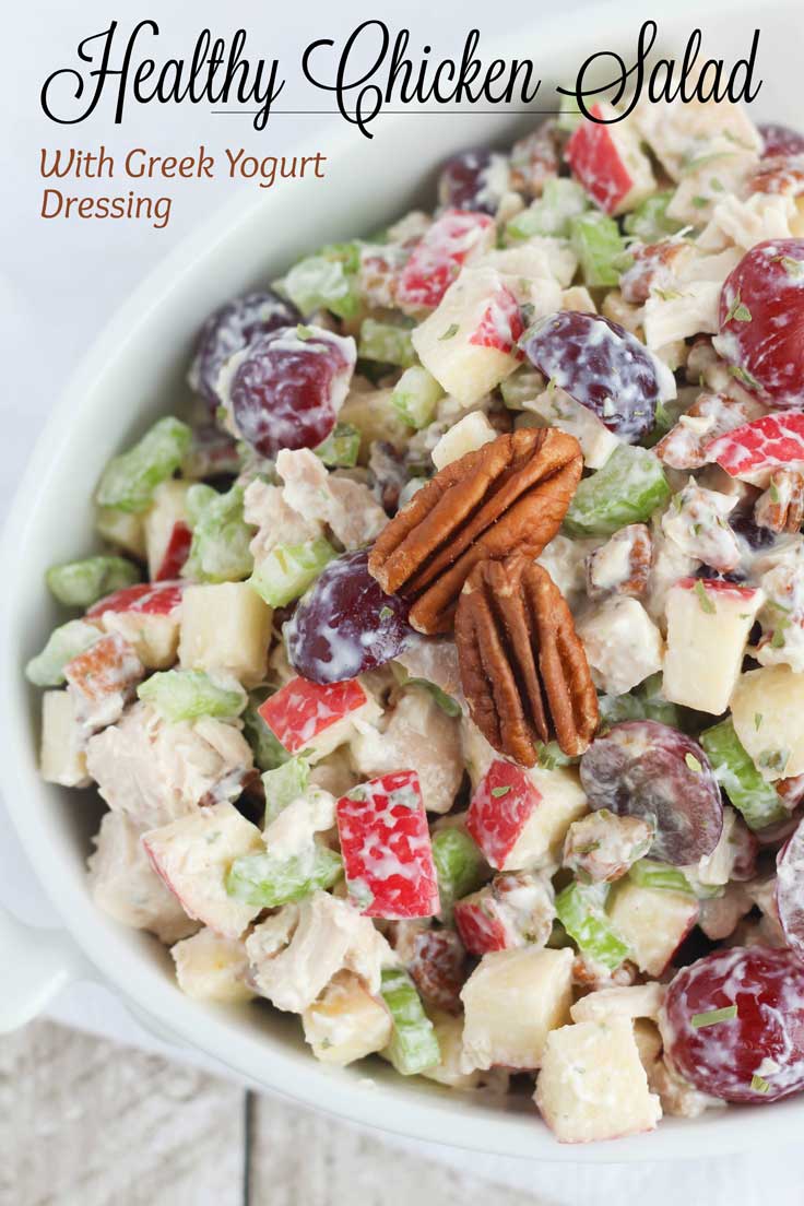 Bursting with delicious flavors and textures! This healthy chicken salad recipe has juicy grapes, crisp apples and crunchy pecans, plus a deliciously healthy Greek yogurt dressing (secret ingredient alert!). A no-mayo chicken salad recipe: perfect at summer picnics! This recipe for chicken salad with grapes is great for a weekday sandwich, but also special enough for a bridal shower, Mother's Day tea or ladies' lunch. So versatile – even serve it as an appetizer! | www.TwoHealthyKitchens.com