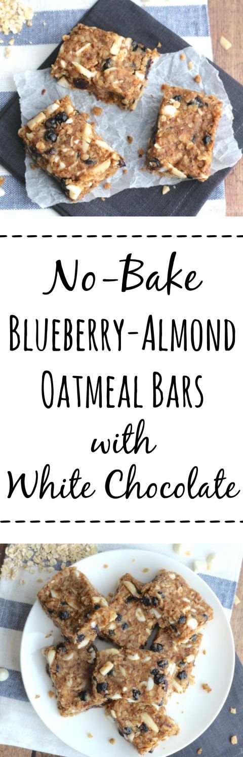 No-Bake Blueberry-Almond Oatmeal Bars with White Chocolate Recipe {www.TwoHealthyKitchens.com}