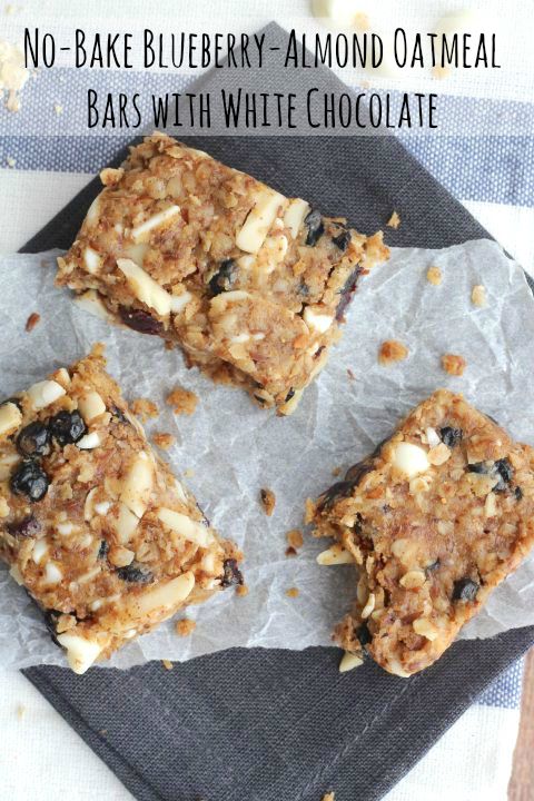 No-Bake Blueberry-Almond Oatmeal Bars with White Chocolate Recipe {www.TwoHealthyKitchens.com}