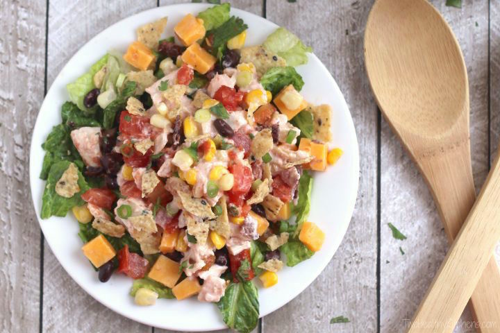 Easy 7-Layer Chicken Taco Salad Recipe {www.TwoHealthyKitchens.com}