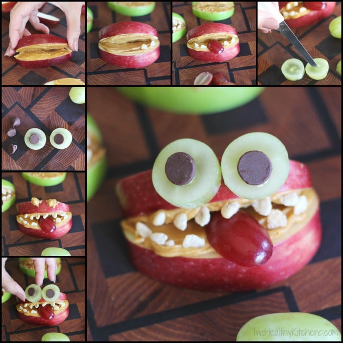 Collage of 8 photos showing the steps in making the Apple Monsters.