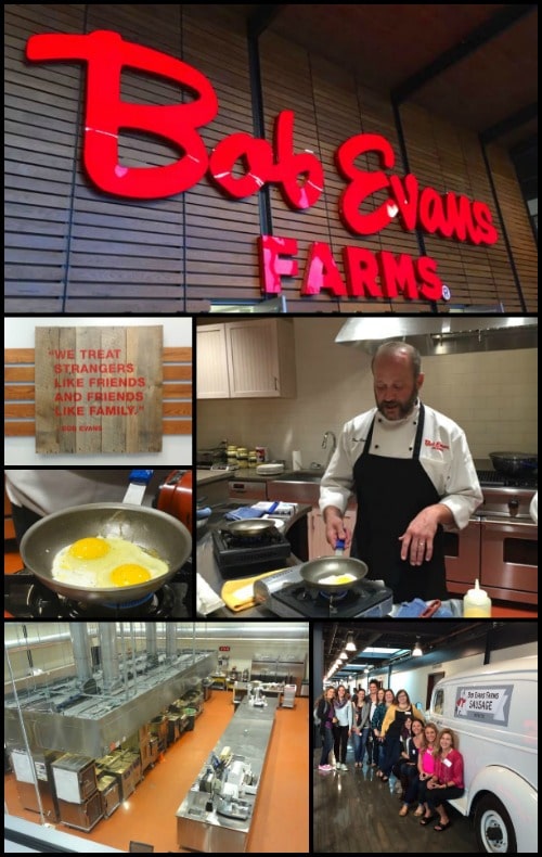 Collage of 6 photos from the visit to Bob Evans, including industrial kitchen, chef cooking eggs, and Bob Evans sign.