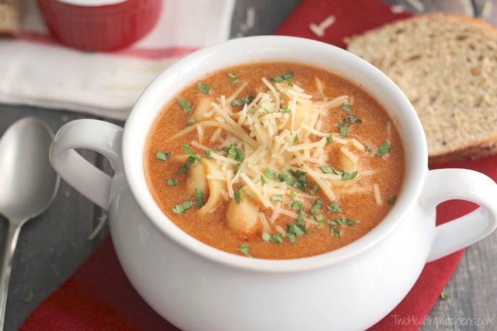 Tomato Basil Soup with Tortellini Recipe {www.TwoHealthyKitchens.com}