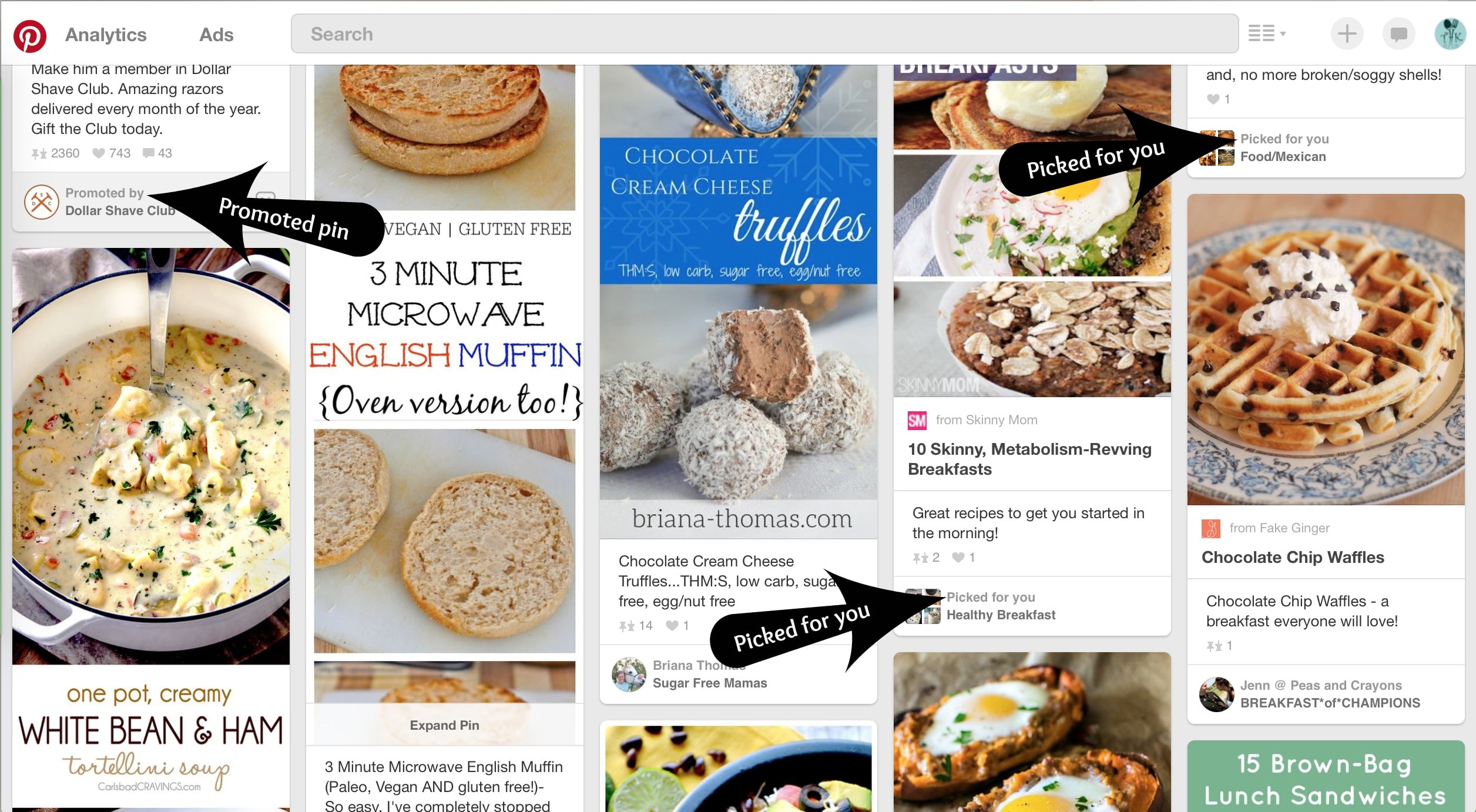 Screen shot of Pinterest feed with arrows showing promoted pin and picked for you pins.