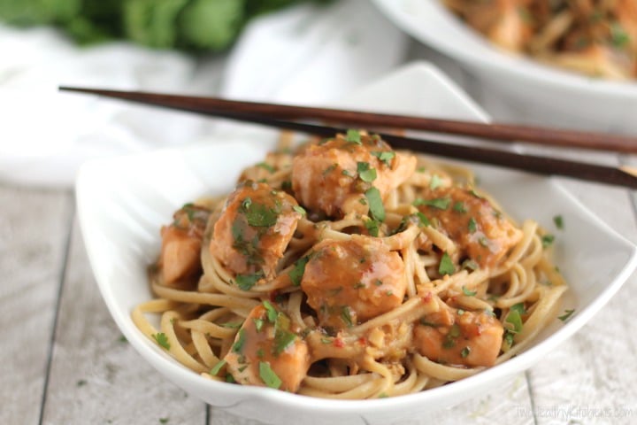 Super-Fast Asian Salmon Pasta with Easy Peanut Sauce Recipe {www.TwoHealthyKitchens.com}