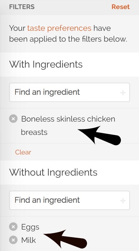 Screen shot of how you can specify ingredients in Yummly.