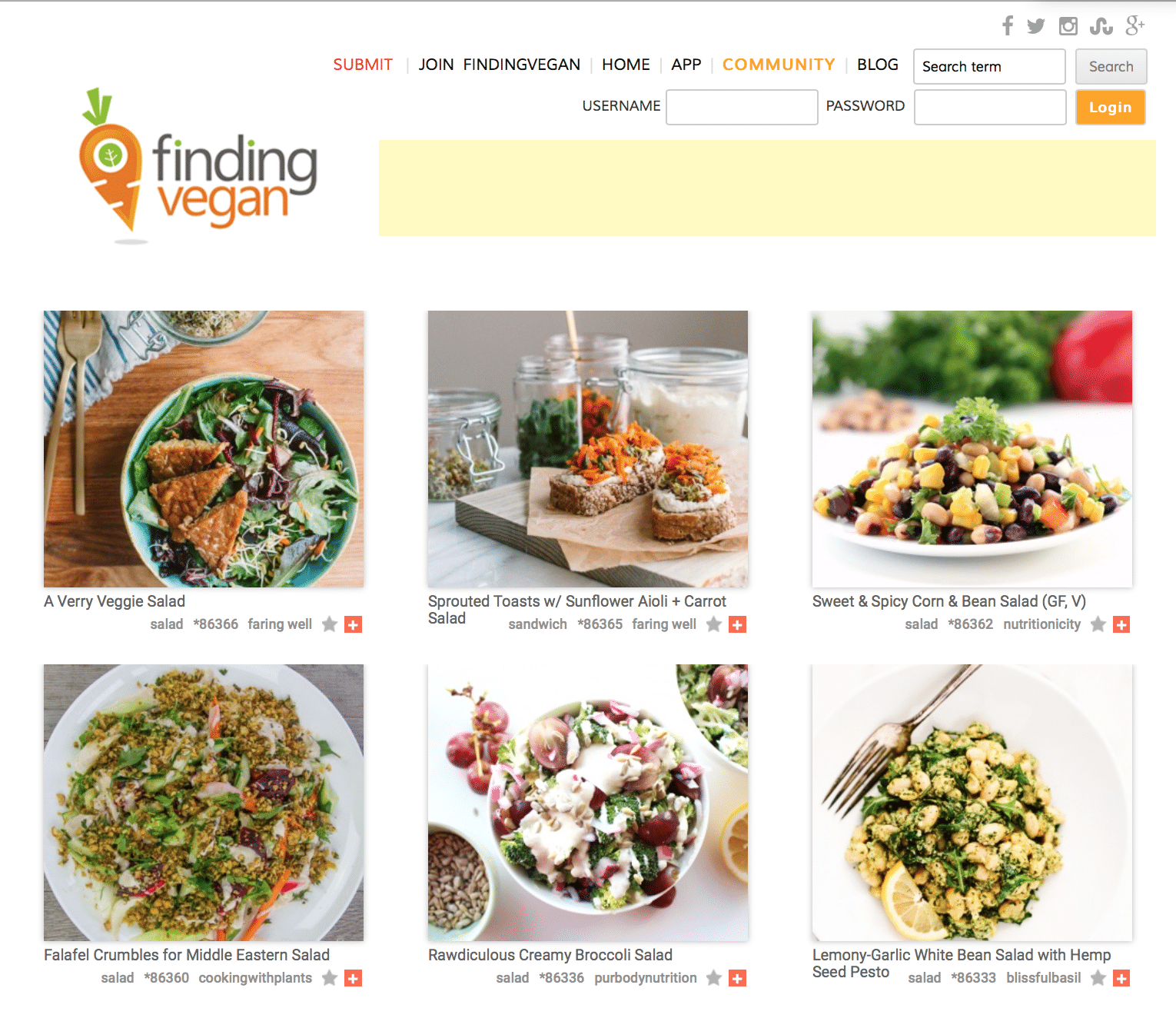 Screenshot of Finding Vegan home page.