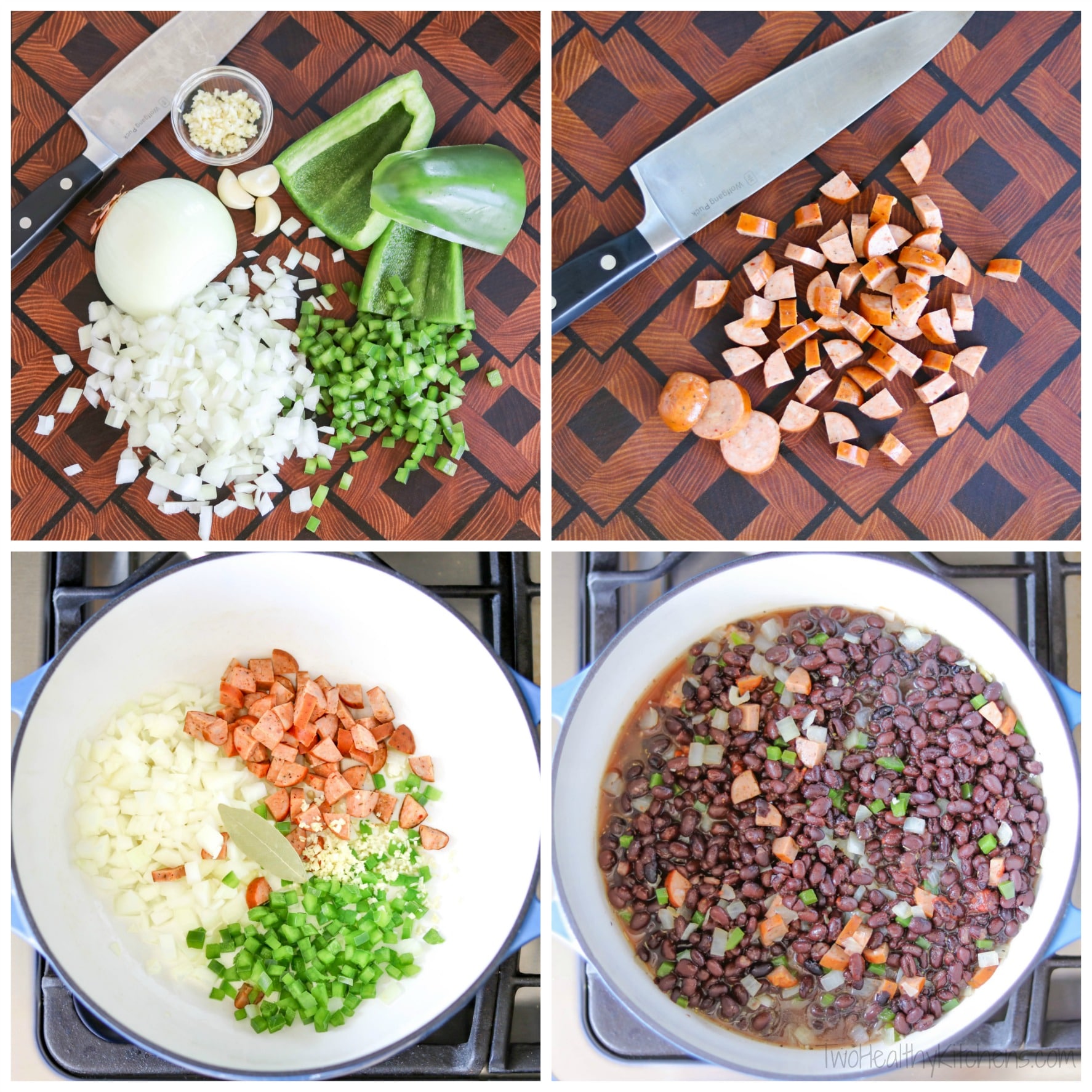 Collage of 4 photos showing steps to make soup: cutting vegetables, cutting sausage, cooking veggies and sausage, adding black beans to soup pot.