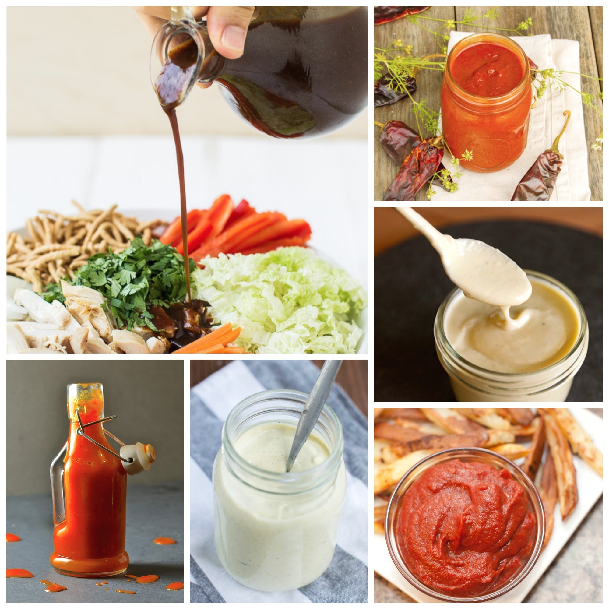 Collage of six recipes for homemade, healthy condiments in various jars and bottles.