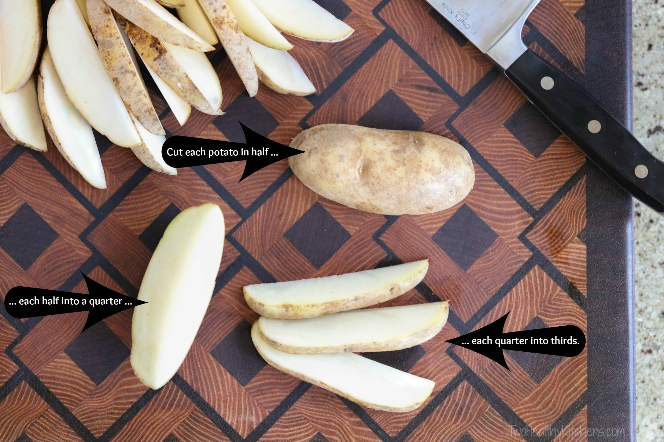 Potatoes laid on cutting board with arrows pointing to show how to cut them to the right thickness for pizza fries.