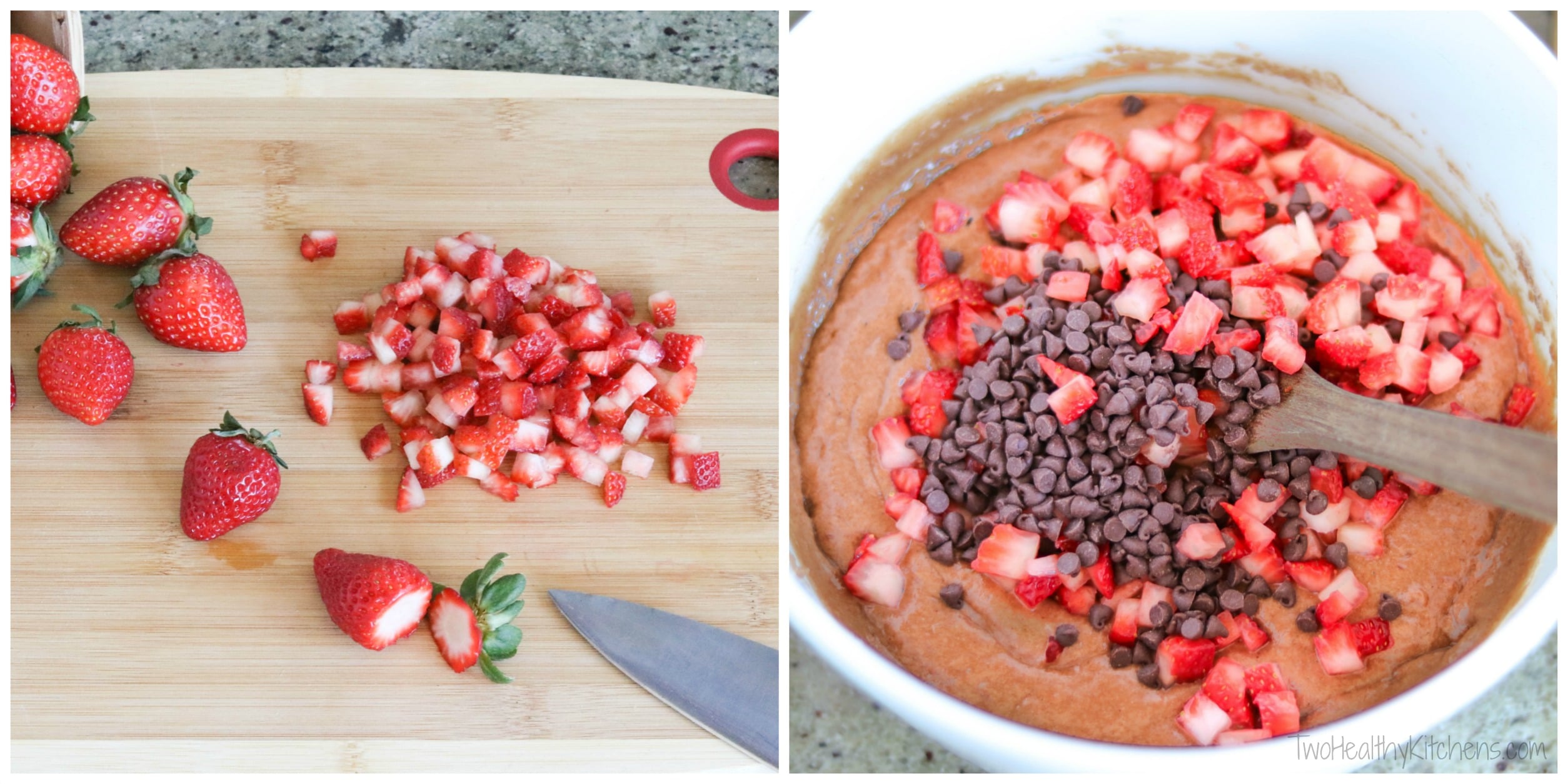 Collage of two photos, first showing how to chop the strawberries, and then of the strawberries and chocolate chips being mixed into the chocolate batter.