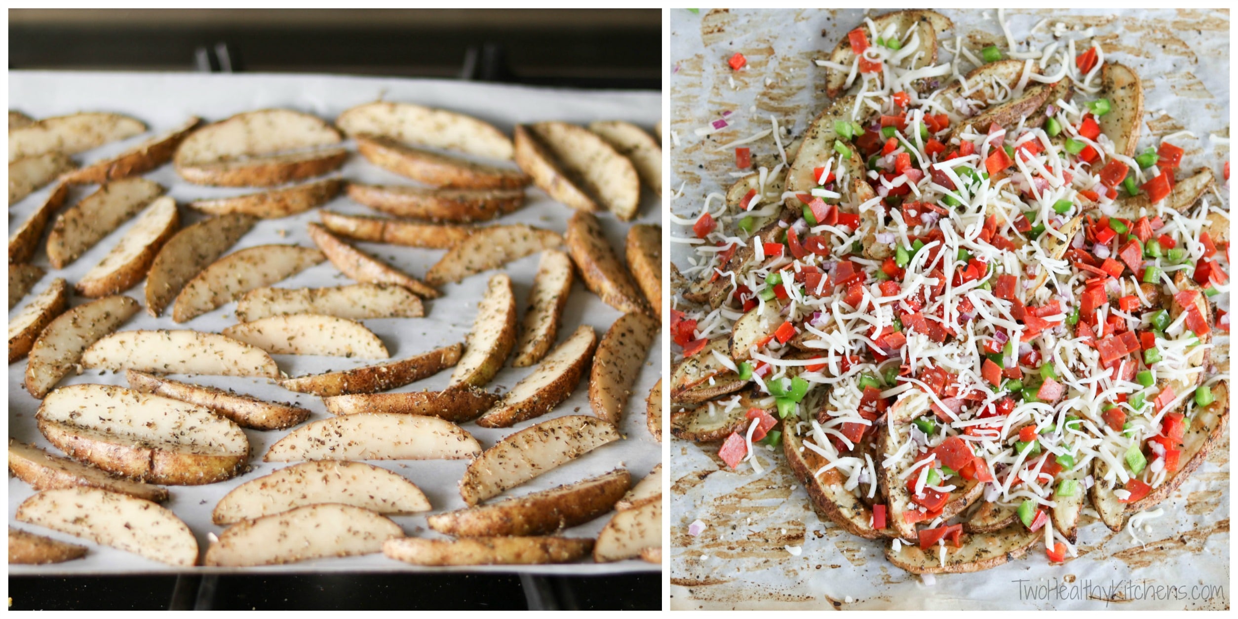 Horizontal collage of seasoned fries on baking sheet and then loaded with toppings before final baking.