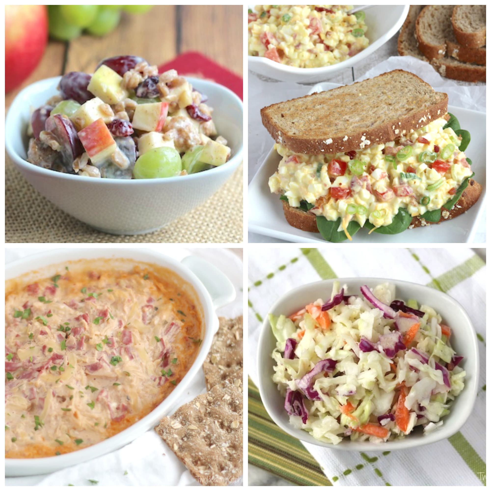 Collage of four recipes that use Greek yogurt as a healthy eating swap to replace mayo.