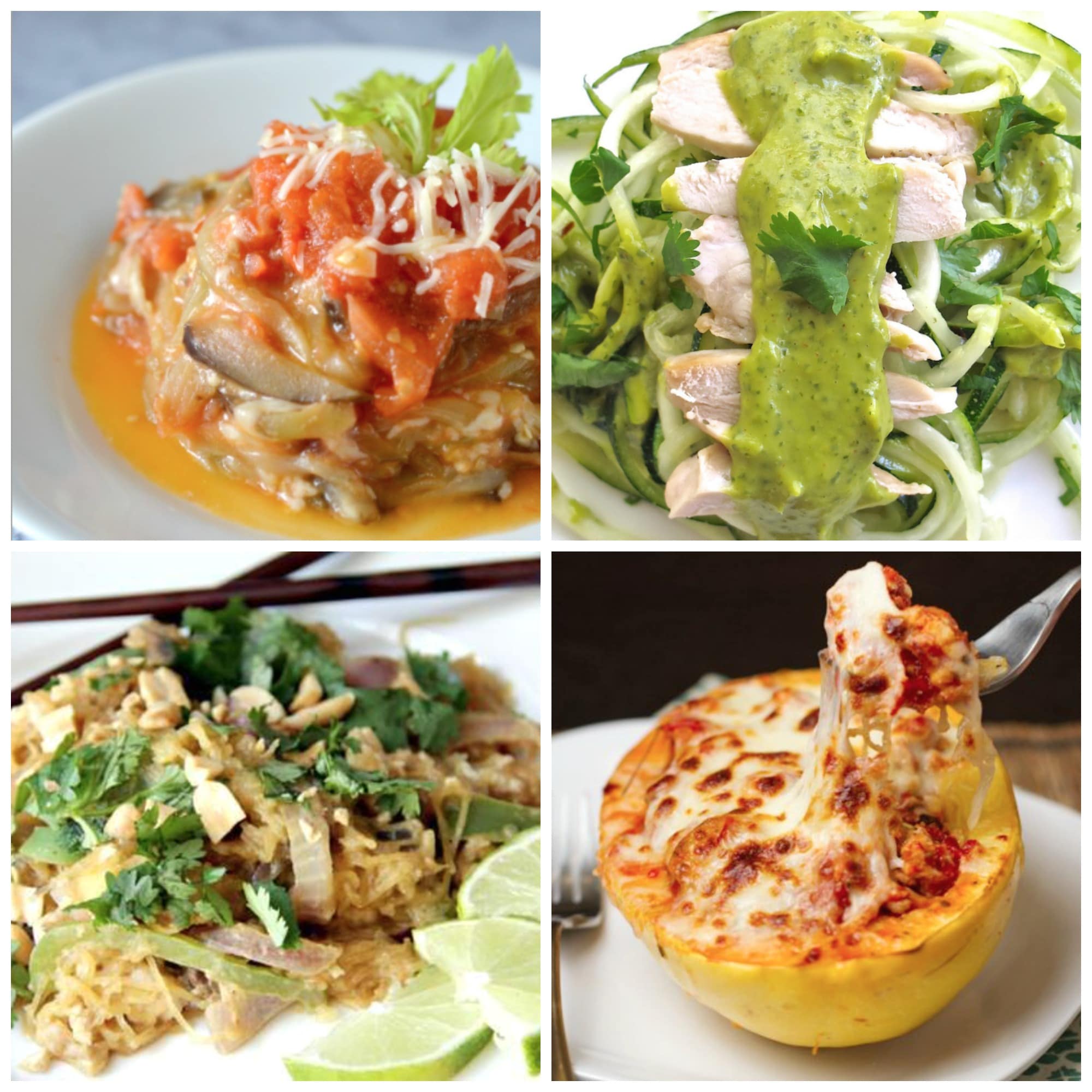 Collage of 4 recipes using zoodles and other vegetables to replace pasta for healthy cooking.