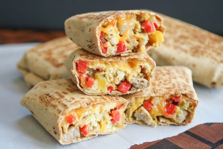 Stock your freezer for busy mornings! These freezable Chicken-Apple Sausage Breakfast Burritos are a make-ahead breakfast you'll actually look forward to! Bursting with big, satisfying flavors! They're crazy-delicious, hearty, and filled with great keep-you-fueled-up nutrition! AD | www.TwoHealthyKitchens.com