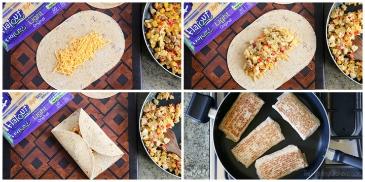 Collage of 4 photos showing steps in filling, folding and cooking burritos.
