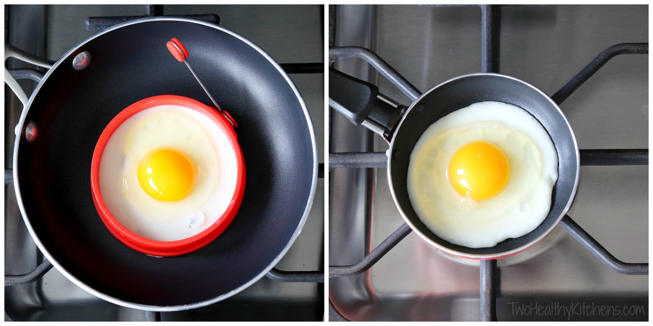 Overhead of 2 photos showing 2 ways of cooking the egg (with or without a round mold).