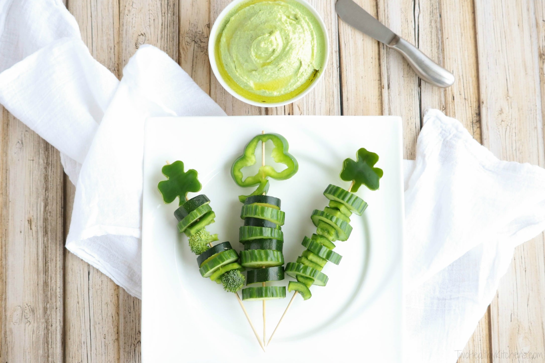 These easy Shamrock Veggie Skewers are a perfect St. Patrick's Day appetizer for parties - and a fun, healthy after-school snack! | www.TwoHealthyKitchens.com