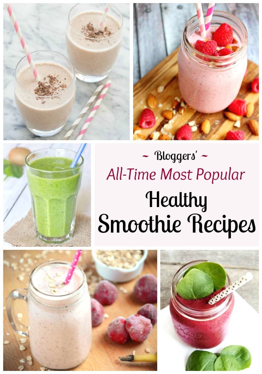 Pinnable collage of 5 smoothies with text "Bloggers' All-Time Most Popular Healthy Smoothie Recipes".